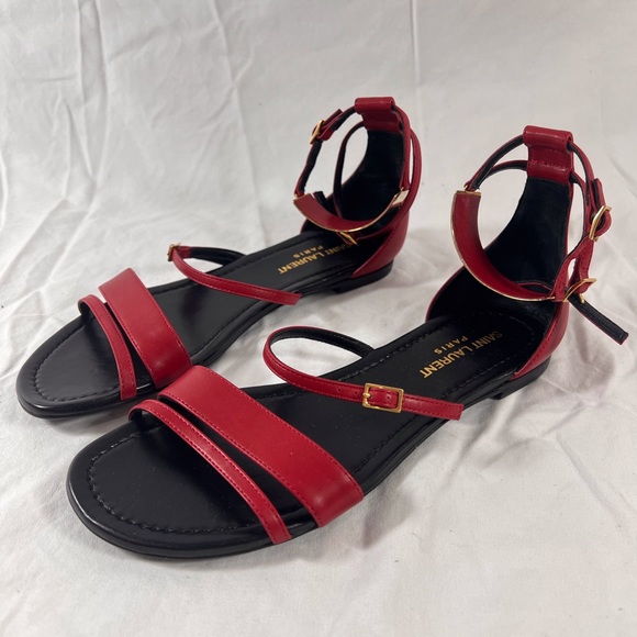 SAINT LAURENT Red Leather Janis Ankle Strap Gladiator Flat Sandals 35.5- 5.5US - Picture 3 of 12